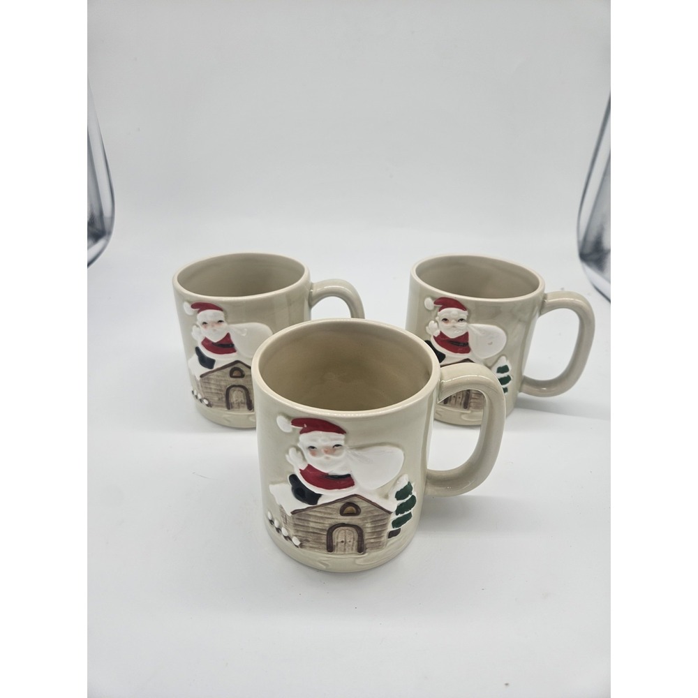 3‎ Vintage Otagiri Handpainted Ceramic Christmas Mugs Embossed Santa on Rooftop